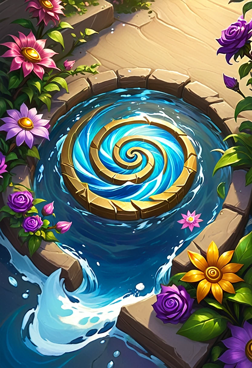 there is a painting of a spiral design with flowers in the water, hearthstone art, hearthstone card art, hearthstone concept art, hearthstone splash art, hearthstone artwork, hearthstone style art, hearthstone card artwork, hearthstone card game artwork, blizzard hearthstone concept art, heartstone original art style, hearthstone art style, hearthstone card game artwork. ”, fantasy hearthstone art style, swirling flowers