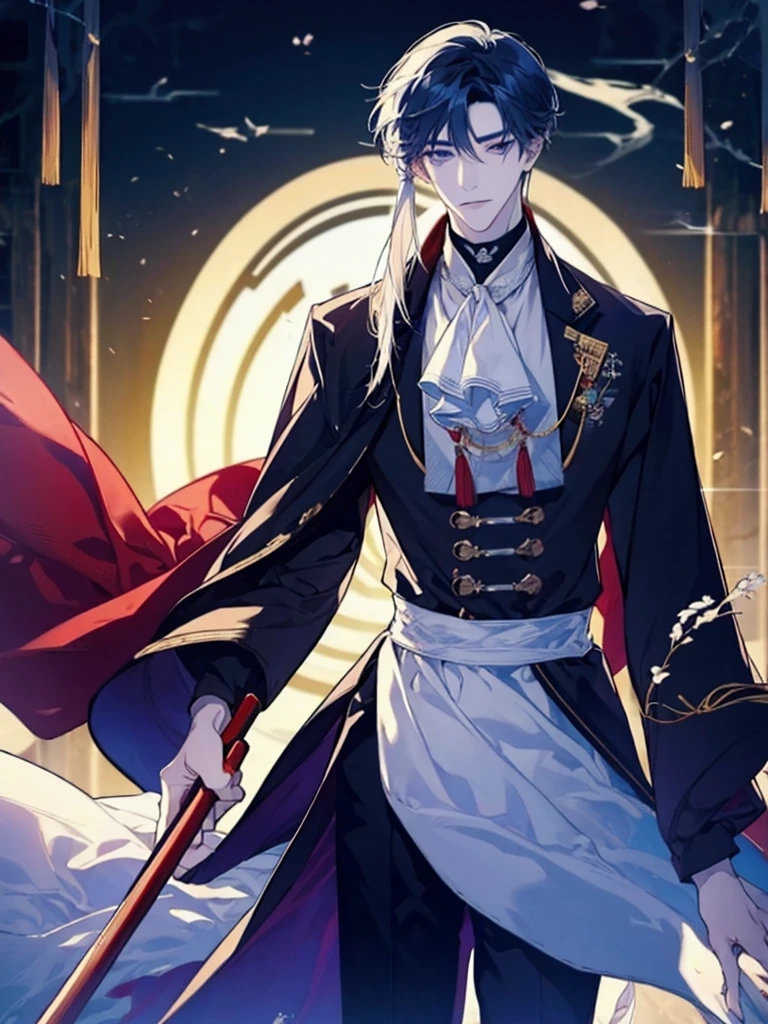 zhao yun a handsome adult male, long and tied hair, a general holding a spear and riding a white stalion