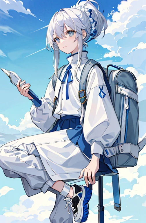 (masterpiece、Top quality、Implications、Very high quality、High level of image quality、Extremely sensitive writing)Blue sky、White clouds、Stand in the wild、Girl with long white hair、Gray eyes、A faint smile、Wearing a high ponytail、Wear a long top、Wearing pants、Wearing sneakers、Carrying a backpack、Holding a white sword、adventurer