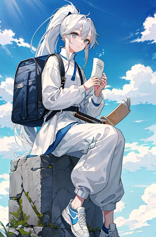 (masterpiece、Top quality、Implications、Very high quality、High level of image quality、Extremely sensitive writing)Blue sky、White clouds、Stand in the wild、Girl with long white hair、Gray eyes、A faint smile、Wearing a high ponytail、Wear a long top、Wearing pants、Wearing sneakers、Carrying a backpack、Holding a white sword、adventurer