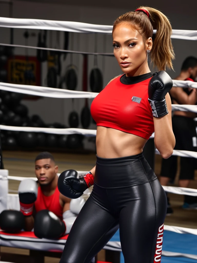 Jennifer Lopez, beautiful, red crop top, red high-top leggings, boxing gym, hair tied in a high ponytail