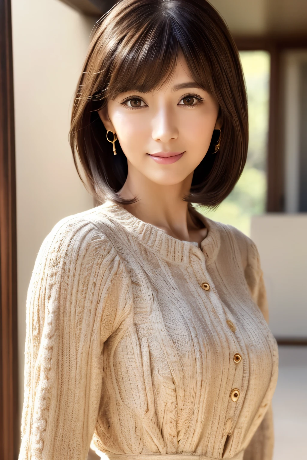 (8k, RAW photos, top quality, masterpiece: 1.2), ultra detailed, super resolution, (real photos: 1.37), portraits, high definition RAW color photos, professional photos, official art, highly detailed CG Unity 8k wallpapers, beautiful Japanese woman, {30|40} years old, highly detailed faces, Highly detailed eyes, highly detailed skin, Highly detailed nose, Highly detailed mouth, Perfect anatomy, Highly detailed background, Highly detailed clothing, One Girl, housewife, realistic body, white skin, radiant skin, slender body, very thin waist, handsome body, brown hair, {short|long} hair, (blunt bangs:1.2), cute face, slight smile, Realistic Face, outfits with a daring design, Earrings, Camera Gaze, Cowboy Shot, Standing Figure, Dynamic Lighting,