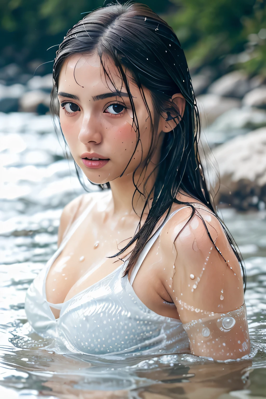 Symmetrical, High-detail RAW color photos professional close-up photos, [:( Highly detailed face: 1.2): 0.1], (Pure love face_v1: 0.8), double tails, A half body, pores, realskin, breasts focus, straight on, An 18-year-old woman under the waterfall, body contact with water，ripples around, Clear clean water, shinning eyes, looking at viewert, wetclothes, see-through transparent clothes, Get wet, Wet hair, dingdall effect, lens flare glow, shadowing,, full bloom, natural  lightting, hardfocus, filmgrain, Shot with a Sony a9 II mirrorless camera, author：Laurence DeMason
