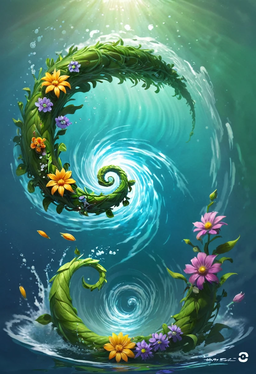 there is a painting of a spiral design with flowers in the water, concept art by Kieran Yanner, Artstation contest winner, process art, hearthstone art, hearthstone card art, hearthstone concept art, hearthstone splash art, hearthstone artwork, hearthstone style art, hearthstone card artwork, hearthstone card game artwork, blizzard hearthstone concept art, heartstone original art style, hearthstone art style