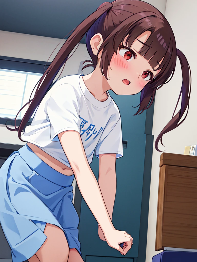 Highest quality, masterpiece, High resolution,indoor,office, Very detailed, (masterpiece), (illustration),Red eyes, Shine目,Long twin tails, brown hair, bangs, Shine, eyebrows visible through hair,((Plain white T-shirt)),((Light blue plain skirt)), Flat Chest,shy, blush, (looking to the side ),Light blue sports bra,1boy,vaginale,Sex,orgasm,clothed Sex, 