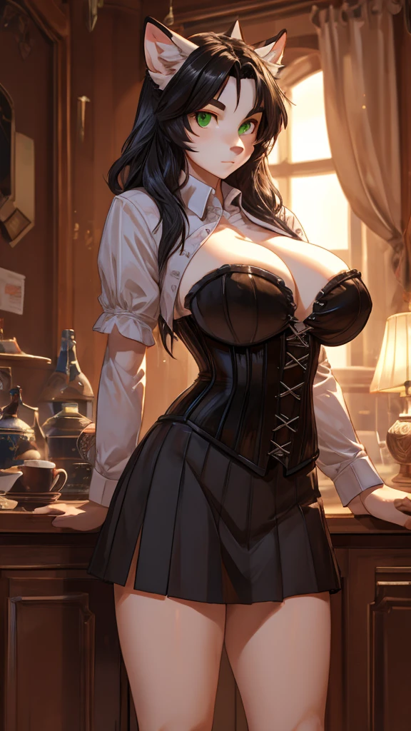Black hair, green eyes, large breasts, slender, corset top, short skirt