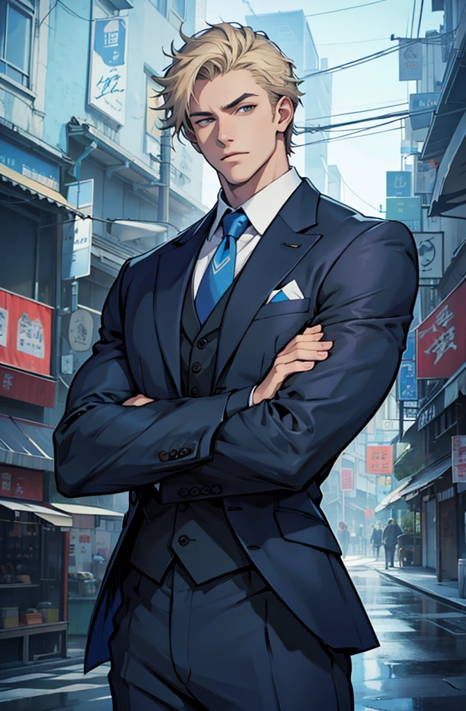 Drawing of a young Chad, Dark blue suit,hong&#39;se&#39;r tie， White shirt，Pants，入耳式earphone，earphone， Looking at the camera, male，Silver short hair，Blue Eyes，muscle，bodyguard,Light and Shadow，（Luminescence：1.5），（Cyberpunk：2）