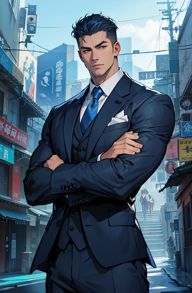Drawing of a young Chad, Dark blue suit,hong'se'r tie, White shirt,Pants,入耳式earphone,earphone, Looking at the camera, male,Silver short hair,Blue Eyes,muscle,bodyguard,Light and Shadow,(Luminescence:1.5),(Cyberpunk:2)