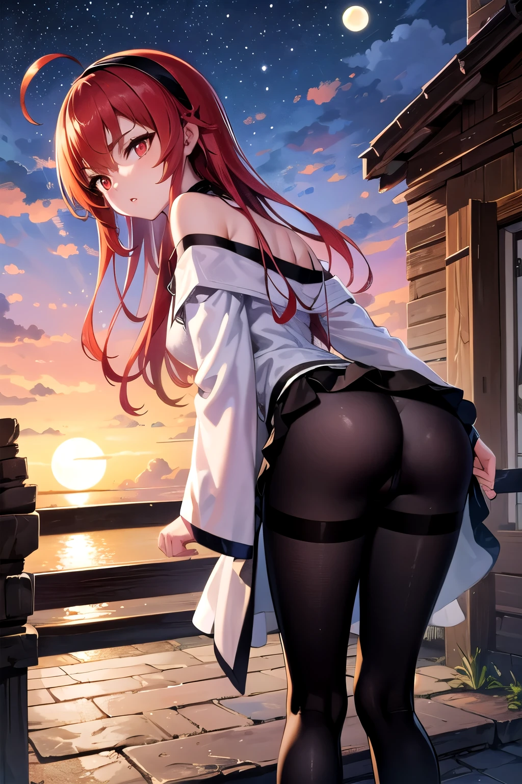 Masterpiece, top quality, best quality, official art, beautiful and aesthetic, anime, 1girl,extremely detailed, colorful, more detailed ((ultra-detailed)), (highly detailed CG illustration),eris greyrat, ahoge, hair between eyes, long hair, (red eyes:1.5), red hair, sidelocks, (small breast:1.2),black hairband, black ribbon, brown skirt, hairband, long sleeves, neck ribbon, pantyhose, ribbon,wet shirt, shoulder cutout, skirt, white shirt, wide sleeves,castle, evening, stars, moon,from behind,bend over.