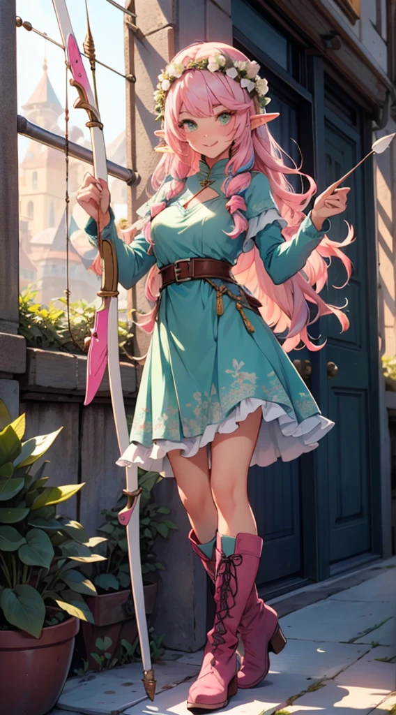 beautiful shy adult women elf, long pink hair and blue streaks hair, green eyes, with flower crown, smile, flirty bard, knocking an arrow from archery weapon, full body, boots, blue and pink armor dress, medium bust,
