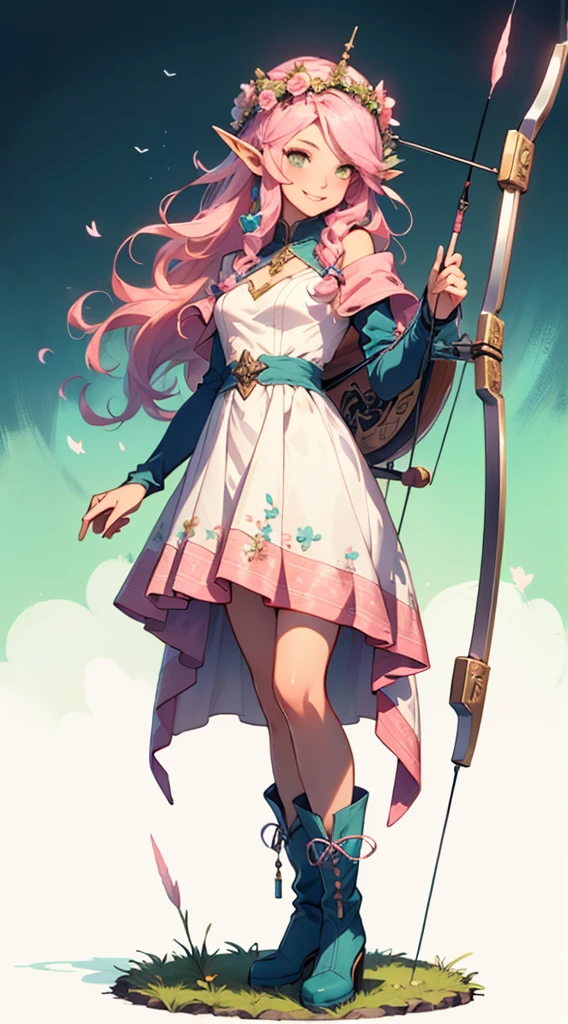 beautiful shy adult women elf, long pink hair and blue streaks hair, green eyes, with flower crown, smile, flirty bard, knocking an arrow from archery weapon, full body, boots, blue and pink armor dress, medium bust,