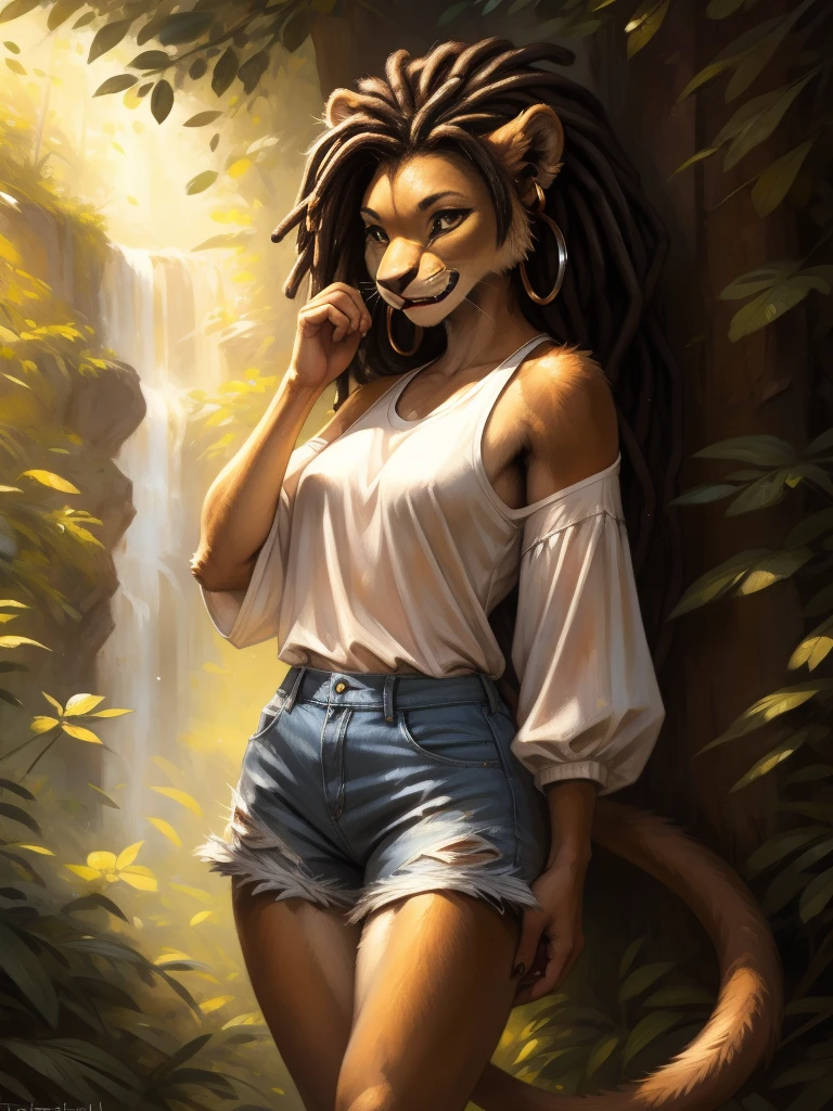 by kenket, by totesfleisch8, (by thebigslick, by silverfox5213:0.8), (by syuro:0.2), а lion, female, in full growth, brown fur, light brown eyes, long black dreadlock hair with fangs of wild animals on the tips of some dreadlocks, metal ring on a tail, wearing short tight denim shorts that, white transparent T-shirt with elbow-length and wide sleeves, bare left shoulder, metallic beads and hoop earrings in the ears
