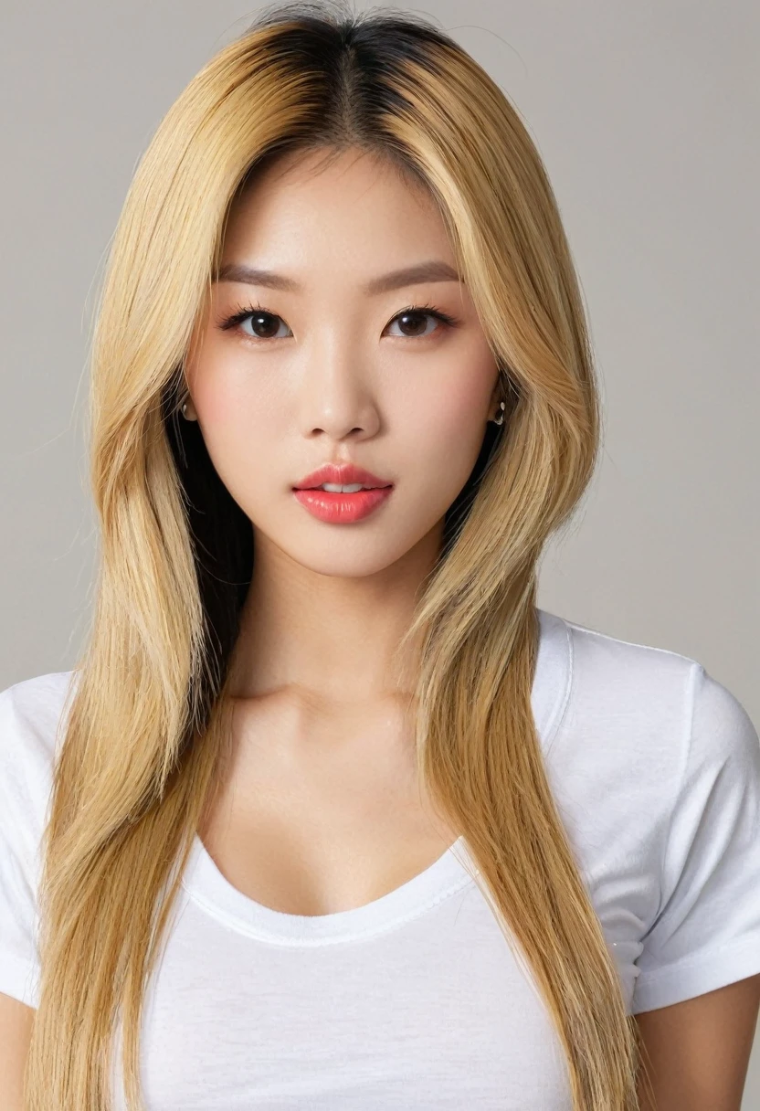 Woman, Asian American, very attractive, big lips, blonde highlights, straight hair, big tits, fully clothed, tight baby tee,