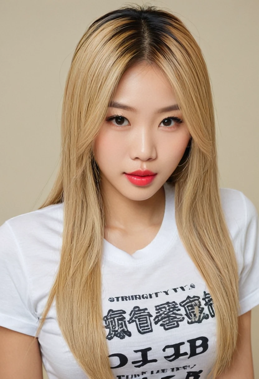 Woman, Asian American, very attractive, big lips, blonde highlights, straight hair, big tits, fully clothed, tight baby tee,