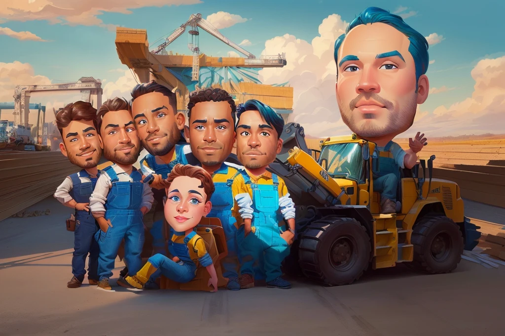 arafed picture of a group of men in blue overalls standing in front of a construction vehicle, caricature illustration, caricature style, cartoon digital painting, proffesional illustration, caricature, cartoon artstyle, potrait, in cartoon style, professional illustration, cartoon digital art, stylized digital illustration, professional artwork, digital art cartoon, official illustration, caricature!!!
