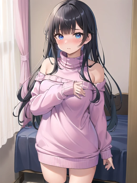 (masterpiece:1.3), (Absurd:1.3), (highest quality:1.3), The Hands of Guido Daniele, (Very detailed:1.3), (Best Shadow:0.7), (Processed Hair), One girl, alone, S1, aizawa ema, 16 years old, (medium Breasts:1.0), perky breasts, cleavage, (pregnant:0.8), (thick thighs:0.4), (black hair:1.4), Asymmetrical bangs, Blunt bangs, blue eyes, (pink sweater dress:1.4), Top, Bare shoulder, no bra, (nipple shape:1.0), (simple black socks:1.4), cute face, panic face, (embarrassed:1.0), in the bed room, beside the bed, standing up, full body,