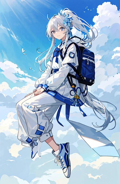 (masterpiece、Top quality、Implications、Very high quality、High level of image quality、Extremely sensitive writing)Blue sky、White clouds、Stand in the wild、Girl with long white hair、Gray eyes、A faint smile、Wearing a high ponytail、Blue flower decoration、Wear a long top、Wearing pants、Wearing sneakers、Carrying a backpack、Holding a white long sword、adventurer