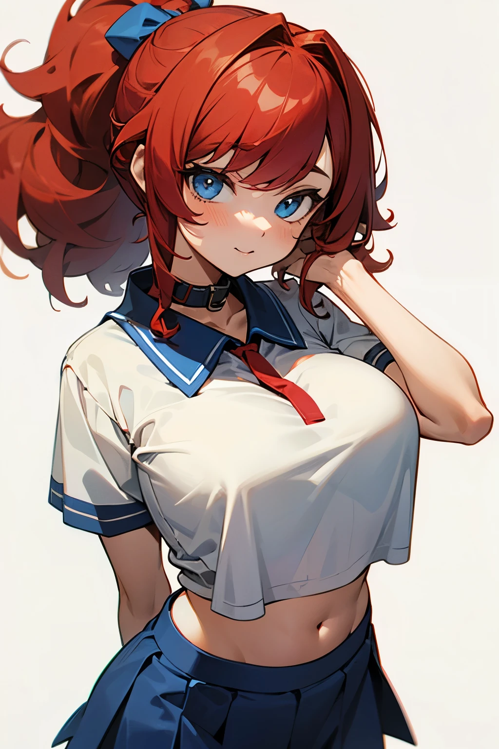 Cute girl, red hair, curly ponytail, black collar, hair tie, red short-sleeved T-shirt, exposed stomach, short blue skirt, big breasts, blue eyes