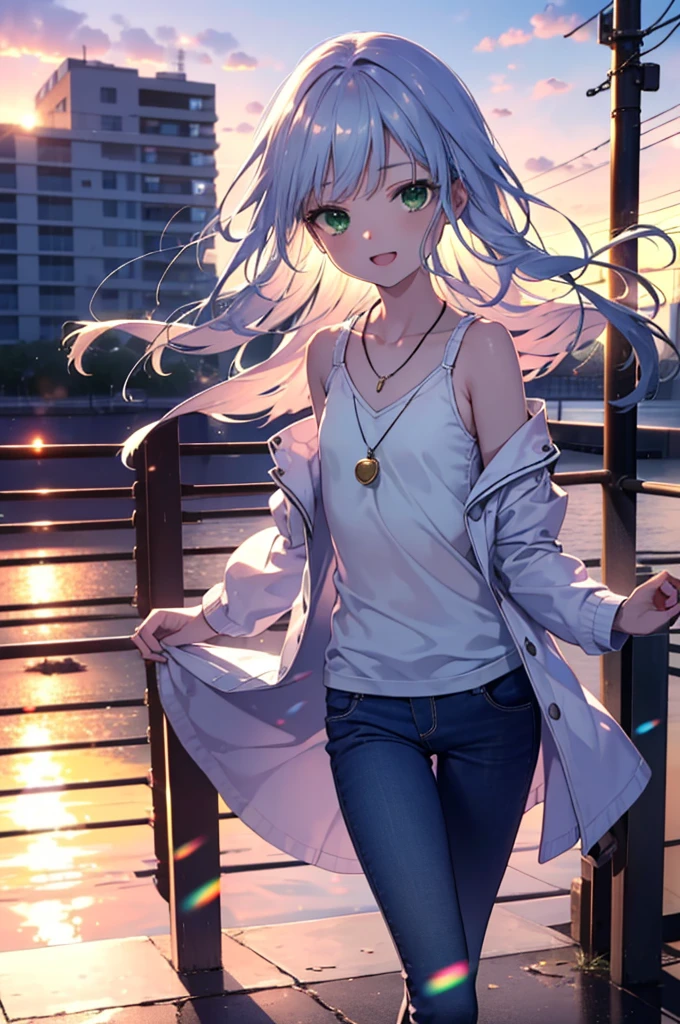 index, index, (Green Eyes:1.5), Blue Hair, Long Hair, (Flat Chest:1.2)happy smile, smile, Open your mouth,v neck tank top shirt,Skinny jeans,Cute Sandals,Rocket Pendant,Walking,Sunset,evening,The sun is setting,whole bodyがイラストに入るように,
break looking at viewer, whole body,
break outdoors, Building district,
break (masterpiece:1.2), Highest quality, High resolution, unity 8k wallpaper, (figure:0.8), (Beautiful attention to detail:1.6), Highly detailed face, Perfect lighting, Highly detailed CG, (Perfect hands, Perfect Anatomy),