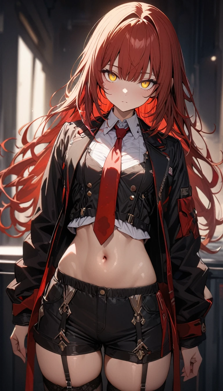 a handsome girl, solo,
red long hair, bangs, yellow eyes, bright eyes,
navel, black short jacket, tie, shorts, garter rings,
expressionless, blurry background, perfect lighting,
masterpiece, best quality, extremely detailed face, extremely detailed,