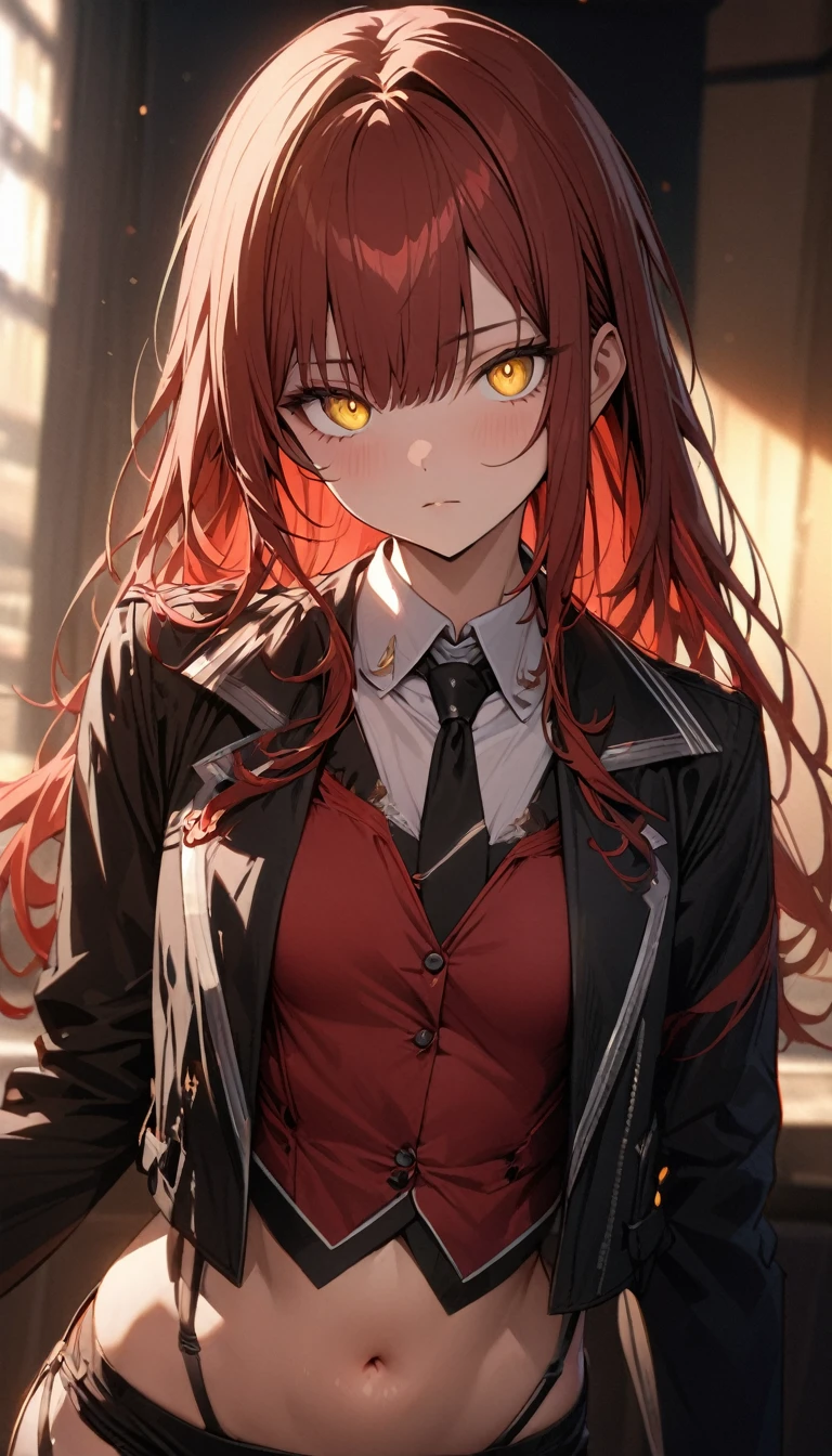 a handsome girl, solo,
red long hair, bangs, yellow eyes, bright eyes,
navel, black short jacket, tie, shorts, garter rings,
expressionless, blurry background, perfect lighting,
masterpiece, best quality, extremely detailed face, extremely detailed,