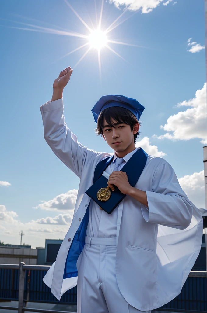 Anime boy graduate with graduation hat , his hands raised up towards blue light in sky, full frame photo 