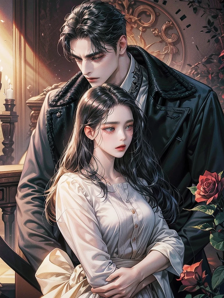 best quality,outstanding,A couple hugging together,The man hugged the woman from behind。Woman with long black hair,cry。Man with short black hair wearing suit,Poker face。Rose,Thorns,Overbearing CEO,Novel cover,Beautiful and delicate face,HD,Light and Shadow,High quality details