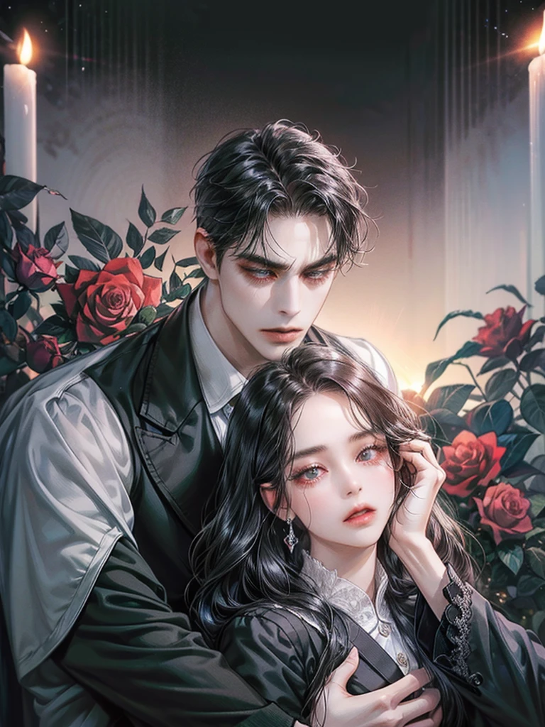 best quality,outstanding,A couple hugging together,The man hugged the woman from behind。Woman with long black hair,cry。Man with short black hair wearing suit,Poker face。Rose,Thorns,Overbearing CEO,Novel cover,Beautiful and delicate face,HD,Light and Shadow,High quality details