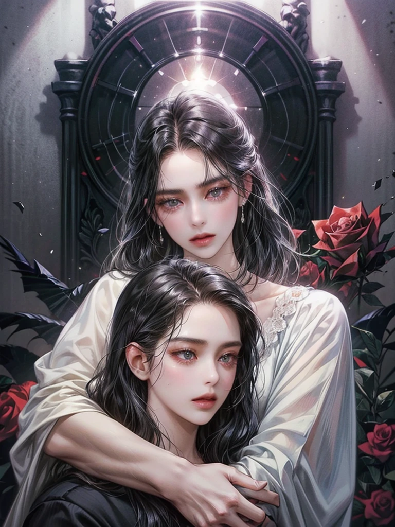 best quality，outstanding，A couple hugging together，The man hugged the woman from behind。Woman with long black hair，cry。Man with short black hair wearing suit，Poker face。Rose，Thorns，Overbearing CEO，Novel cover，Beautiful and delicate face，HD，Light and Shadow，High quality details