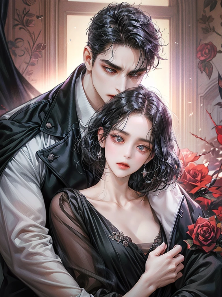 best quality,outstanding,A couple hugging together,The man hugged the woman from behind。Woman with long black hair,cry。Man with short black hair wearing suit,Poker face。Rose,Thorns,Overbearing CEO,Novel cover,Beautiful and delicate face,HD,Light and Shadow,High quality details