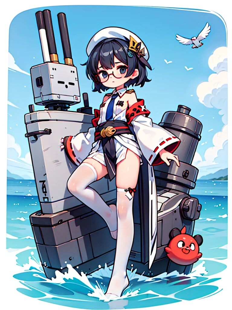 ((((Full body of a woman with perfect flat chest、solo、Short unkempt black hair、Tie your messy hair at the nape of your neck、white military jacket、Miko costume、tights、Black glasses、White military cap、Cloudy black eyes、Confused eyes、Falcon Hair Accessories、Eagle hair accessory)))), (((masterpiece))), (((Shipgirl))), ((Floating on the morning sea with both feet)), (Spread your legs wide open), (Hold the turret with your right hand), (Mechanical arms extending from the waist are used to equip the ship with battleship equipment.), (Equipped with a turret on the back), (Holds a triple turret on the left arm), Shotgun shells are attached to the thigh with a belt, Spreading the Machine's Wings, Machine tail, Holding a shotgun, Nipple masturbation, Tentacle Sex, Dildo masturbation