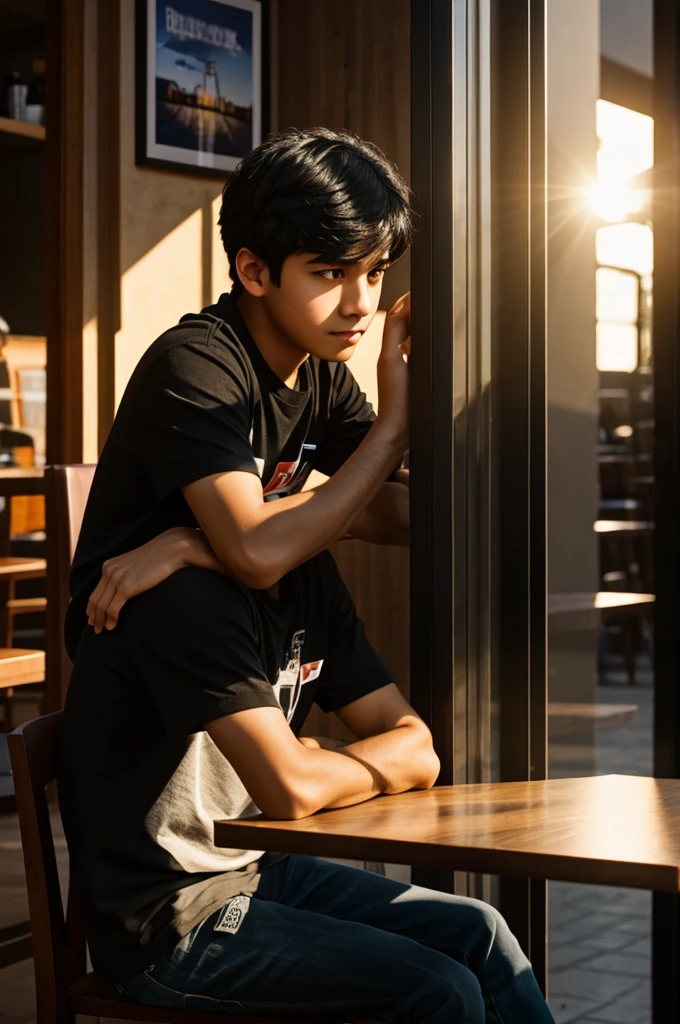 Black-haired boy sitting in the corner of a coffee shop at sunset with 3D reflections