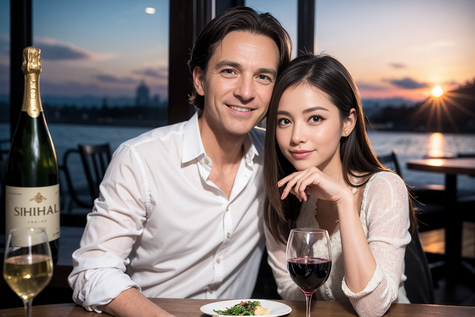 ((Highest quality、、masterpiece:1.3))、1 male、1 female、spouse、Beautiful couple、smile、full-course dinner、 (Slim face), (the body is スリム), (Brown Hair), (Shortcuts), ((Bob Hale、Straight hair:1.2)), テーブルの上のwine glass、Shine light on your face、 Amazing view of the sunset sky and clouds、smileの美しさ、Bright image、Blushing, Shortcuts, (43 years old), 39 years old, Appetizers、Italian food、Wine bottle、Champagne、sparkling wine、Long sleeve shirt、dress、Attractive beauty、restaurant, Nova Frog Style, actress, model, Upper Body, White wine, red wine, wine glass,