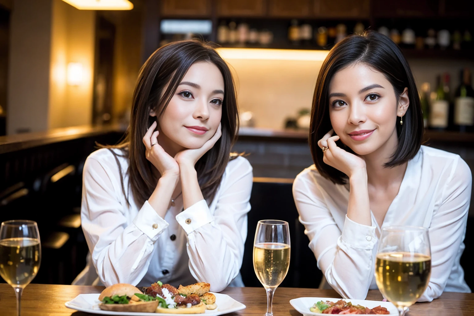 ((Highest quality、、masterpiece:1.3))、1 male、1 female、spouse、Beautiful couple、smile、full-course dinner、 (Slim face), (the body is スリム), (Brown Hair), (Shortcuts), ((Bob Hale、Straight hair:1.2)), テーブルの上のwine glass、Shine light on your face、 Amazing view of the sunset sky and clouds、smileの美しさ、Bright image、Blushing, Shortcuts, (43 years old), 39 years old, Appetizers、Italian food、Wine bottle、Champagne、sparkling wine、Long sleeve shirt、dress、Attractive beauty、restaurant, Nova Frog Style, actress, model, Upper Body, White wine, red wine, wine glass,