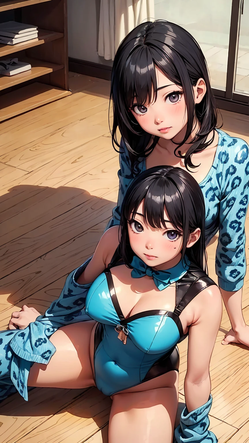 araffed asian girl in blue leoper leoper sitting on the floor, wearing leotard, Chiho ashima, Akikazu Mizuno, Yoshitomo Nara, Chiho, leotard, mao hamaguchi, shiori teshirogi, nishimiya shouko, By Kaii Higashiyama