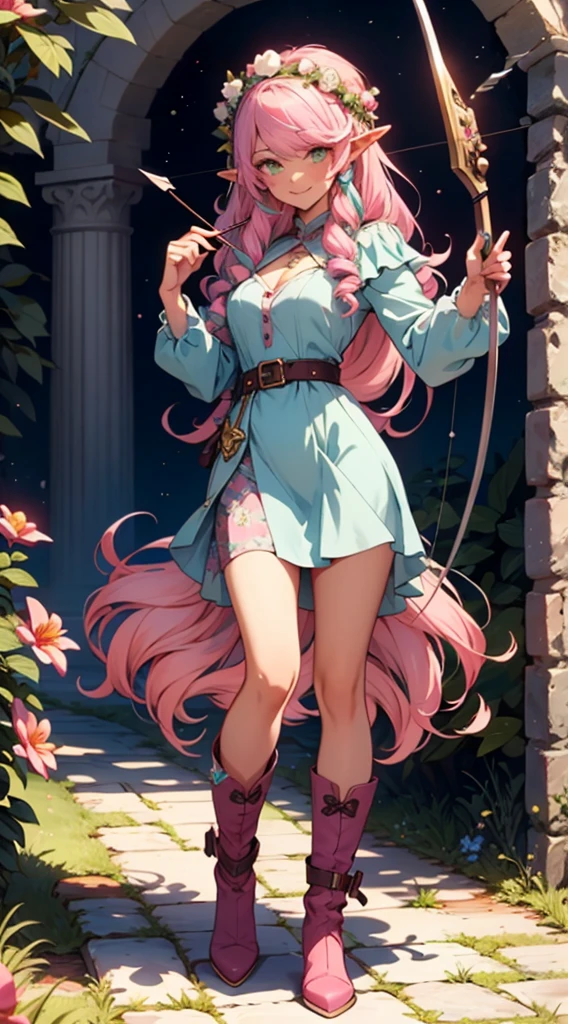beautiful adult women elf, long pink hair and blue streaks hair, green eyes, with flower crown, smile, flirty bard, aiming an arrow from archery weapon, full body, boots, blue and pink armor dress, medium bust, 