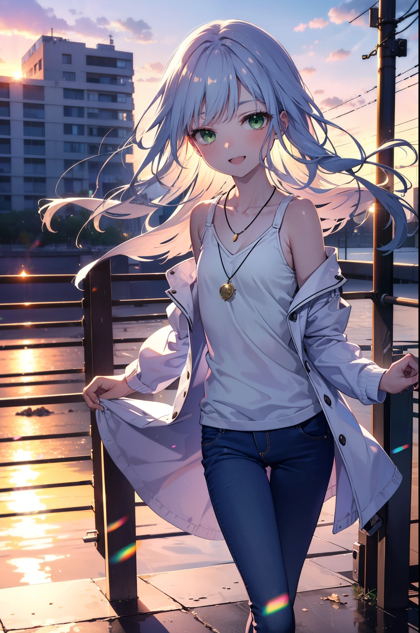 index, index, (Green Eyes:1.5), Blue Hair, Long Hair, (Flat Chest:1.2)happy smile, smile, Open your mouth,v neck tank top shirt,Skinny jeans,Cute Sandals,Rocket Pendant,Walking,Sunset,evening,The sun is setting,whole bodyがイラストに入るように,
break looking at viewer, whole body,
break outdoors, Building district,
break (masterpiece:1.2), Highest quality, High resolution, unity 8k wallpaper, (figure:0.8), (Beautiful attention to detail:1.6), Highly detailed face, Perfect lighting, Highly detailed CG, (Perfect hands, Perfect Anatomy),