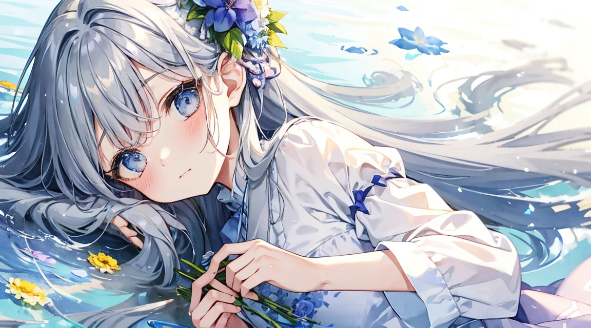 Pastel Watercolor、Girl with lots of flowers、blue flower、Gray Hair、Long Hair、can't move inside jar、Pushed in、Sitting、Cute clothes、Expose your shoulders、ribbon、(inside jar)、bottling、小inside jarの女の子
