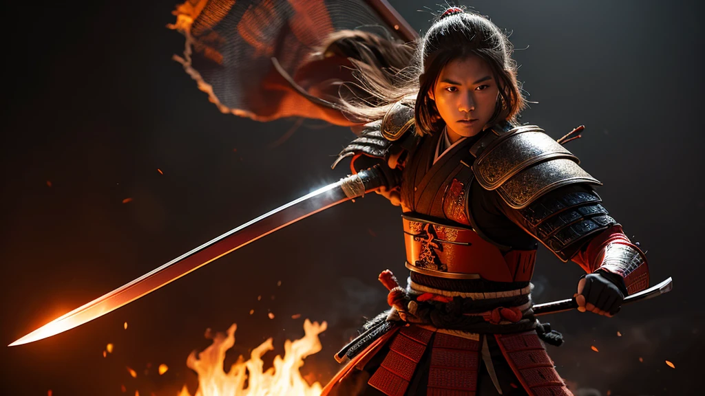 Samurai with a sword, Realistic Effects, Blur the background, 8K, Burning Fire