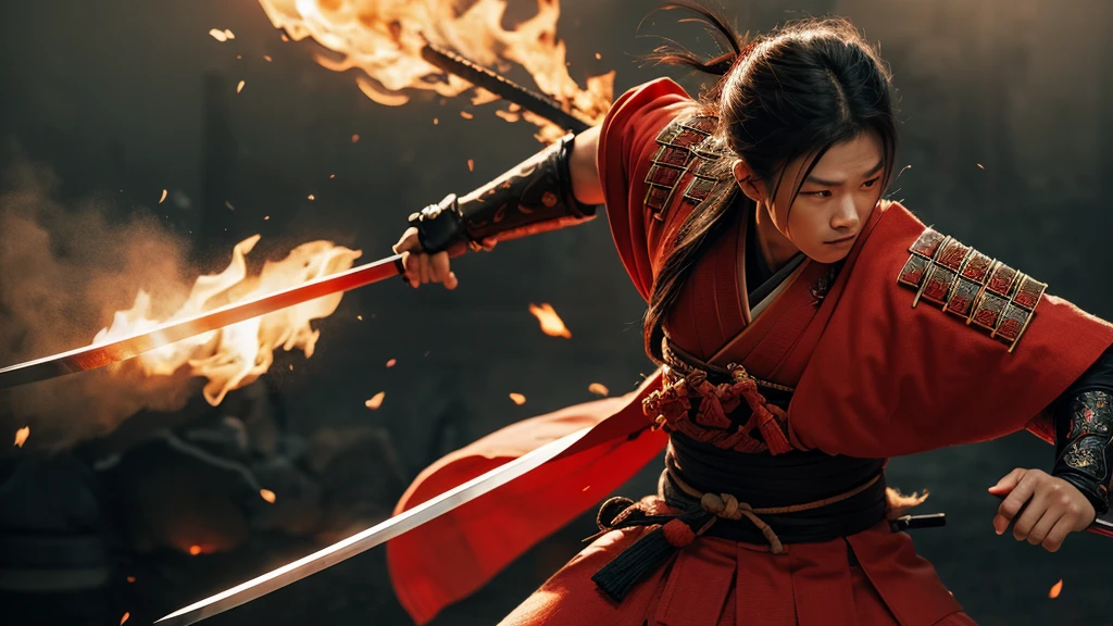 Samurai with a sword, Realistic Effects, Blur the background, 8K, Burning Fire