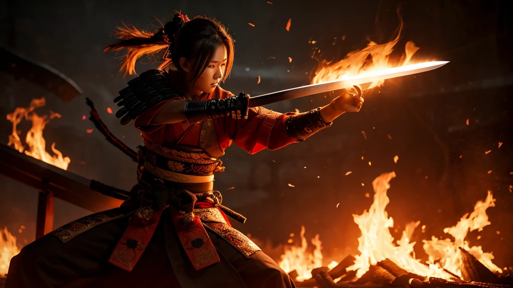 Samurai with a sword, Realistic Effects, Blur the background, 8K, Burning Fire