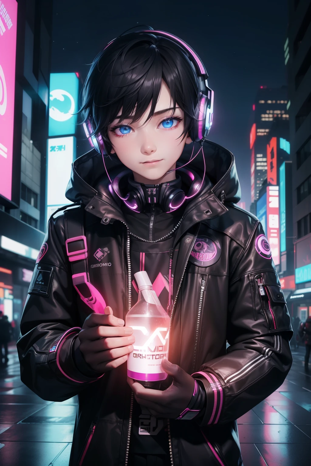 1boy, (extremely beautiful), solo, male focus, cyberpunk, neon lights, vibrant colors, headphones, Cyberpunk, neon, masterpiece, best quality, ultra-detailed, cyberpunk background, detail, in the starry night, moon, explosive and clear eyes, glowing eyes, beautiful details in the wind, little smile.