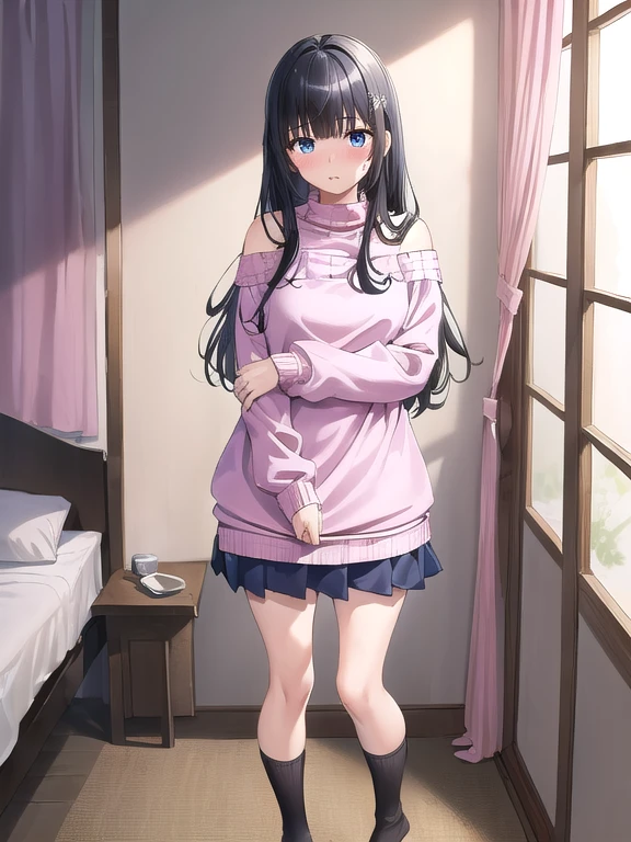 (masterpiece:1.3), (Absurd:1.3), (highest quality:1.3), The Hands of Guido Daniele, (Very detailed:1.3), (Best Shadow:0.7), (Processed Hair), One girl, alone, S1, aizawa ema, , (medium Breasts:1.0), perky breasts, cleavage, (thick thighs:0.4), (black hair:1.4), Asymmetrical bangs, Blunt bangs, blue eyes, (pink sweater dress:1.4), Top, cleavage, Bare shoulder, no bra, (nipple shape:1.0), (simple black socks:1.4), cute face, panic face, (embarrassed:1.0), in the bed room, beside the bed, standing up,