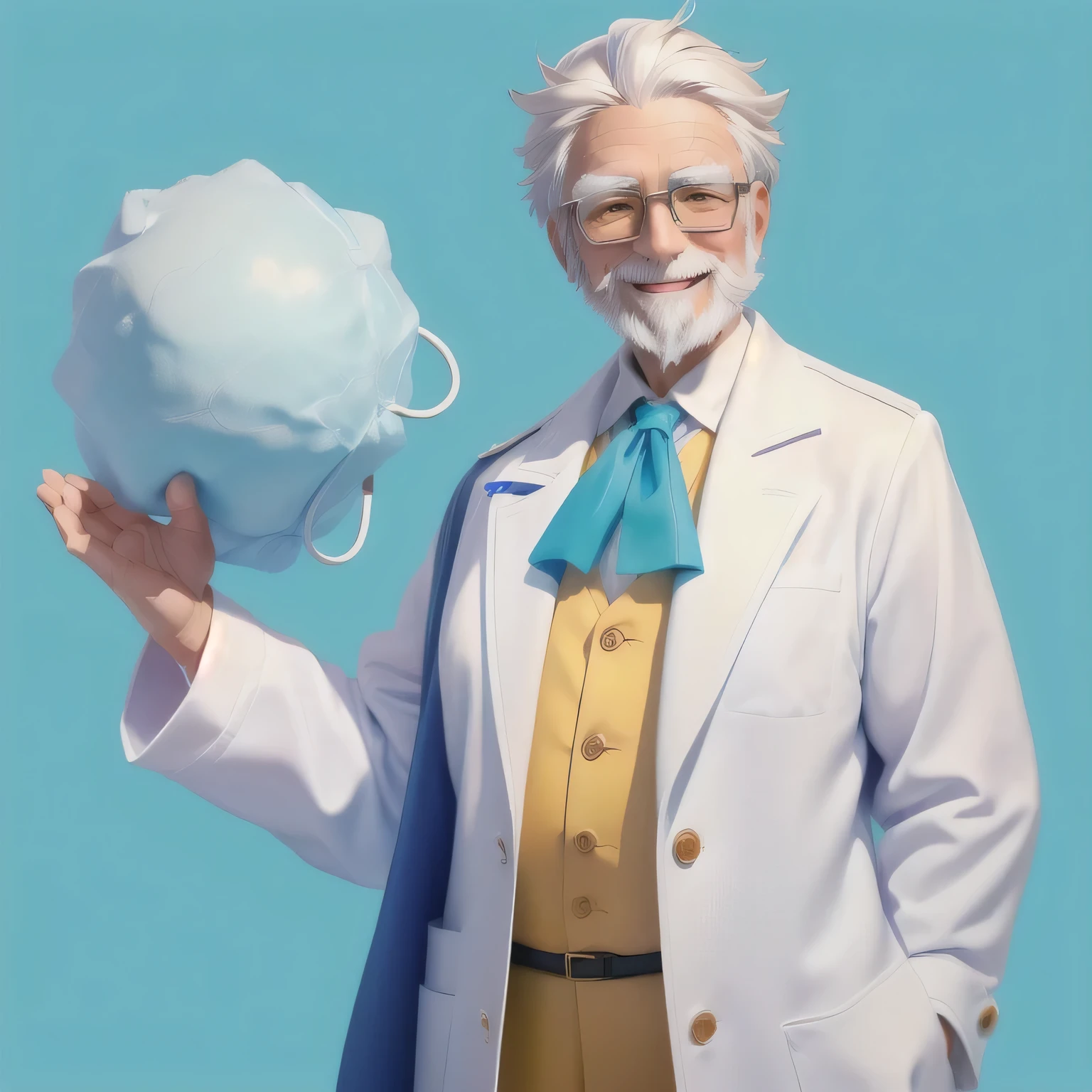 1man,old man,doctor,The docter's white coat,stethoscope,aqua background,yellow-brown eyes,glasses,gradient,gradient background,blue background,white hair,white beard,smile,solo,