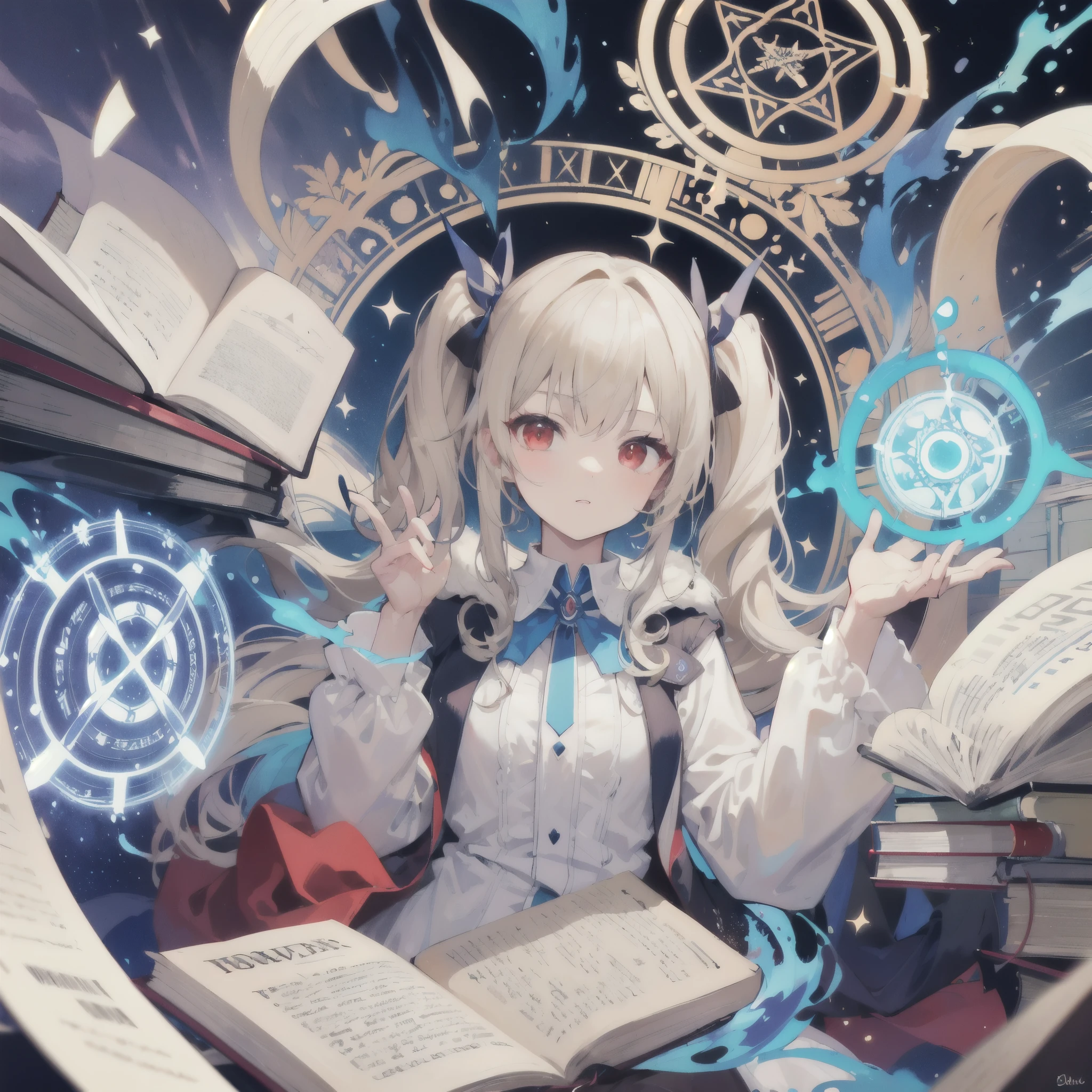 Twin tails,Beige hair,Red eyes,colorful,Mysterious,Book,Blue Flame,magic circle,