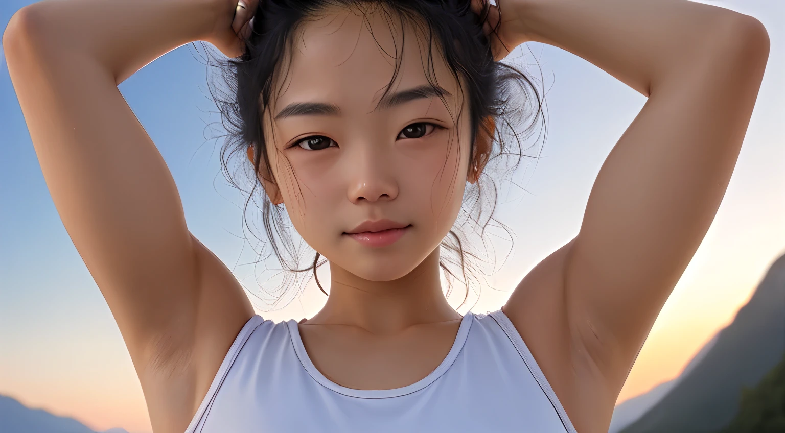 Look at me, immature body, small breasts, white tank top, red sneakers, pink leggings, muscular body, plump waist, detailed skin, detailed beautiful face, black bob hair, well-proportioned face, skin glistening with sweat, small face, armpits, Japanese 18 years old, photo of one girl, mountain sunset, blurred background, from below, beautiful face, detailed face, best quality, highest definition, highest reality, masterpiece, live photo, cinematic, best quality, high definition, ultra definition, ultra realistic