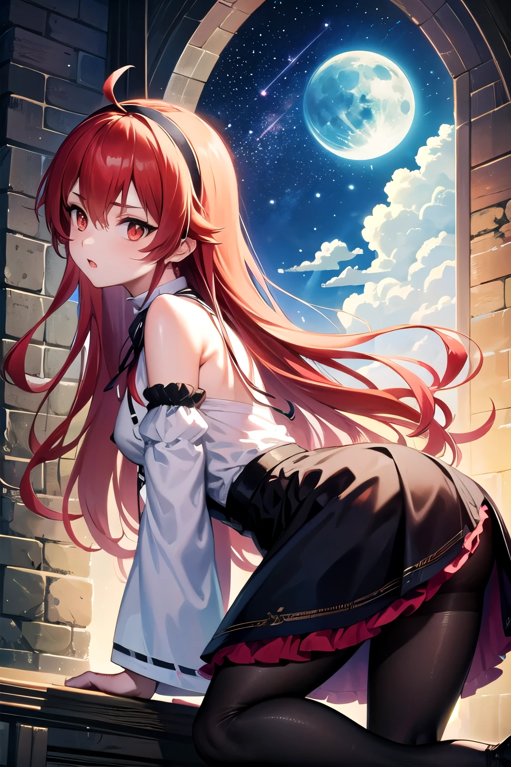 Masterpiece, top quality, best quality, official art, beautiful and aesthetic, anime, 1girl,extremely detailed, colorful, more detailed ((ultra-detailed)), (highly detailed CG illustration),eris greyrat, ahoge, hair between eyes, long hair, (red eyes:1.5), red hair, sidelocks, (small breast:1.2),black hairband, black ribbon, brown skirt, hairband, long sleeves, neck ribbon, pantyhose, ribbon,wet shirt, shoulder cutout, skirt, white shirt, wide sleeves,castle, evening, stars, moon,from behind,bend over,on knees,in center of frame.