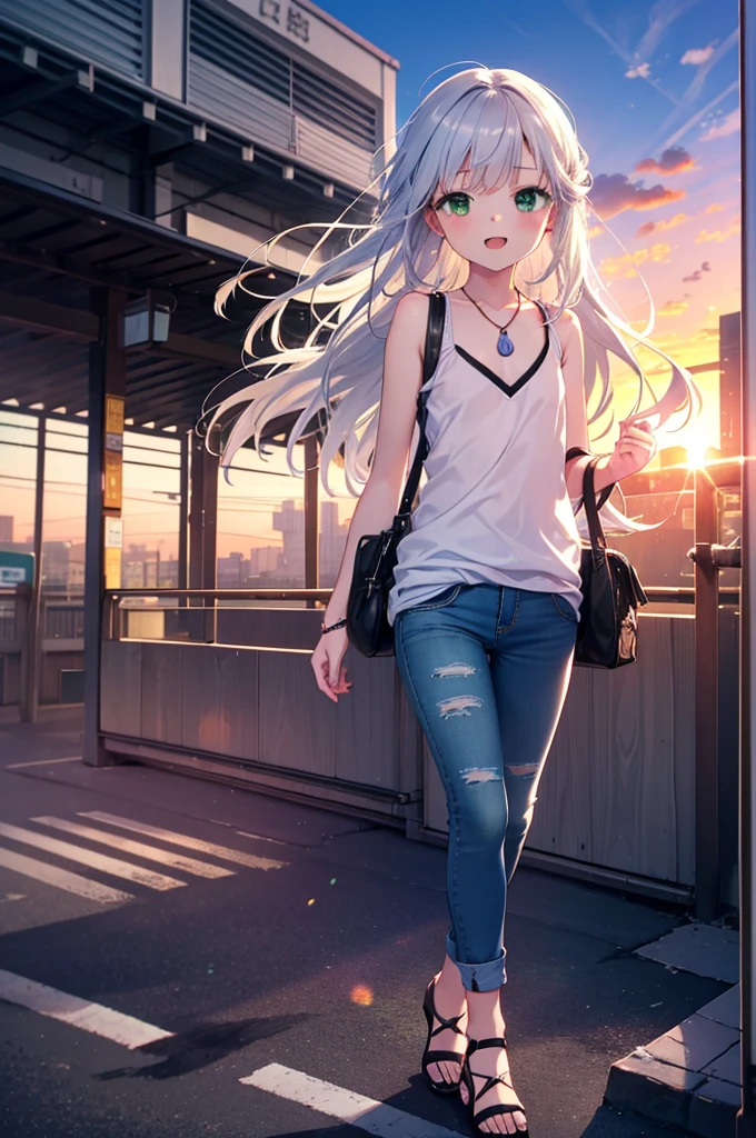 index, index, (Green Eyes:1.5), Silver Hair, Long Hair, (Flat Chest:1.2)happy smile, smile, Open your mouth,v neck tank top shirt,Skinny jeans,Cute Sandals,Rocket Pendant,Walking,Sunset,evening,The sun is setting,whole bodyがイラストに入るように,
break looking at viewer, whole body,
break outdoors, Building district,
break (masterpiece:1.2), Highest quality, High resolution, unity 8k wallpaper, (figure:0.8), (Beautiful attention to detail:1.6), Highly detailed face, Perfect lighting, Highly detailed CG, (Perfect hands, Perfect ???????),