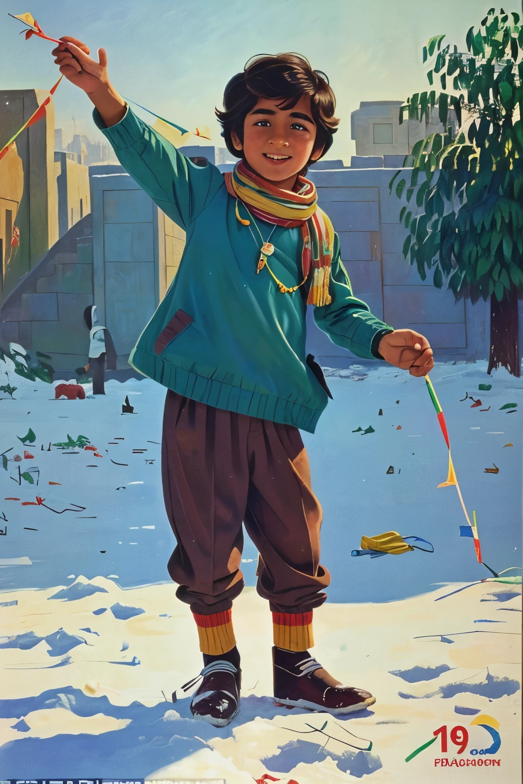 Afghanistan, 1975. A little ((((12-year-old)) Amir)), boy, playing in the snow, flying a kite, happy, ((((clothings from the 1970s)))), ((short hairstyle of the 1970s)), ((colorful, Monet))