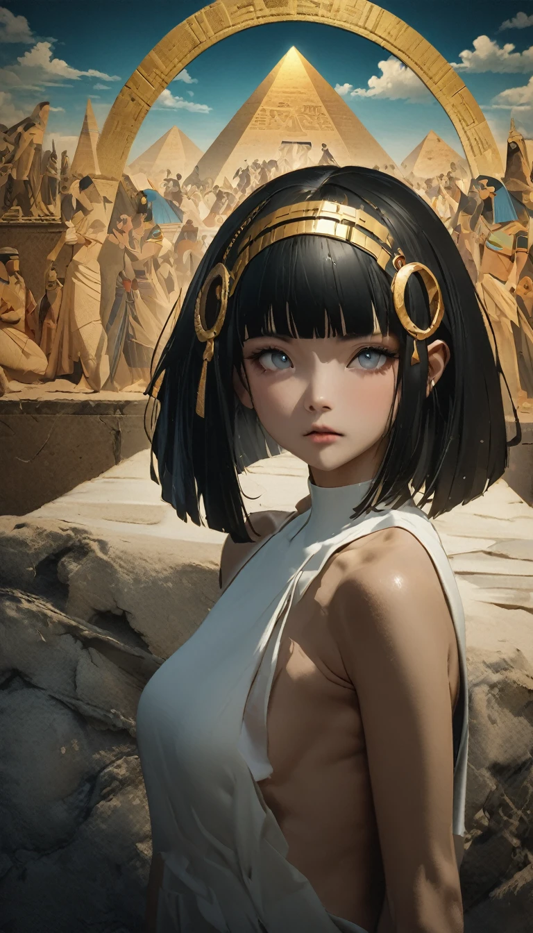 quality\(8K,非常に精細なCGユニットのwallpaper, masterpiece,High resolution,top-quality,top-quality real texture skin,Surreal,Increase the resolution,RAW Photos,最高quality,Very detailed,wallpaper\),BREAK,Perfect Anatomy、Cleopatra、Brown Skin、Very beautiful woman、45 years old、Black Hair、Very tall、zoom、cute、Grey Eyes、Unusual bob cut、Diamond Hair Ornament、Beautiful Egyptian White Dress、Gorgeous dress、Side Shot、Expressionless、The background is an Egyptian mural、pyramid、pyramidの壁画、dark、darkness、